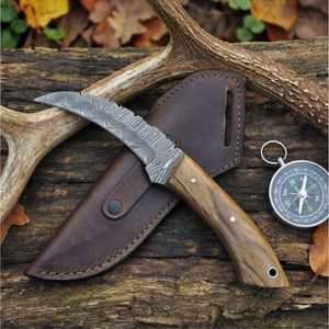 Handmade Damascus Skinner Knife 8” Olive Wood Handle Drop Point