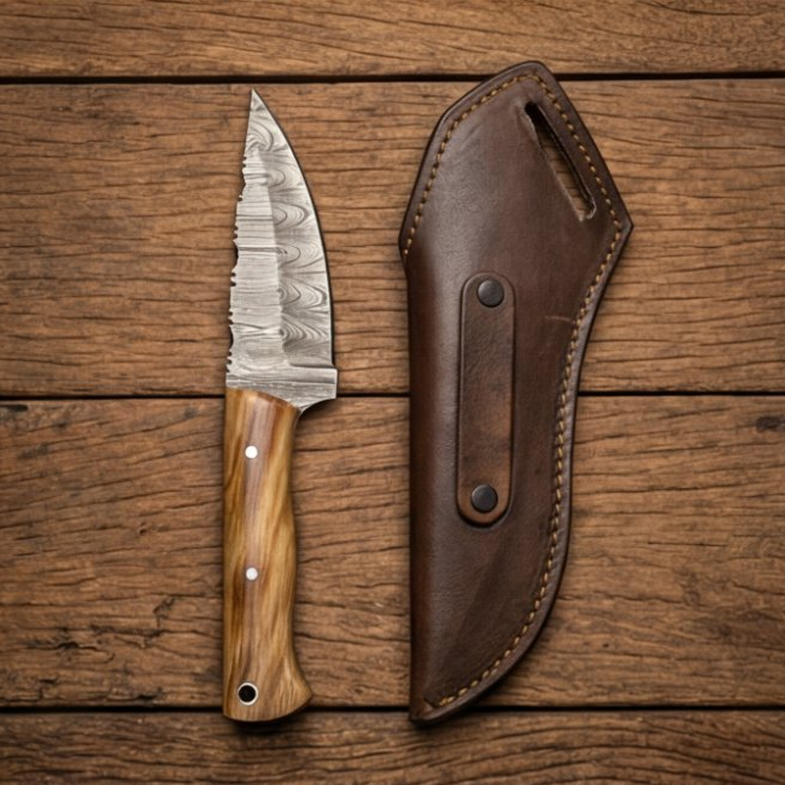Handmade Damascus Skinner Knife 8” Olive Wood Straight Back